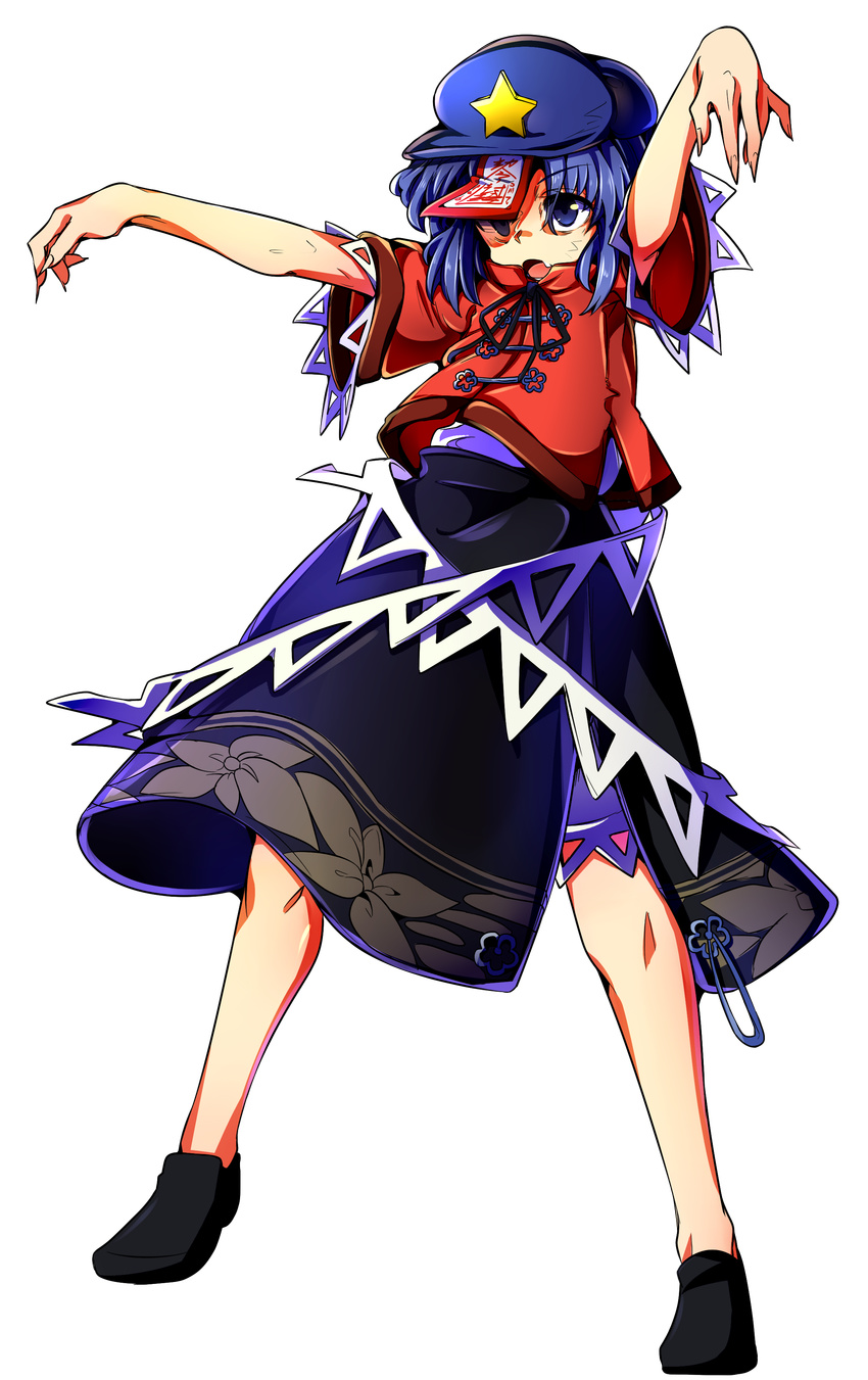 absurdres baba_(baba_seimaijo) beret blue_eyes blue_hair commentary_request full_body hat highres jiangshi miyako_yoshika ofuda outstretched_arms solo star tachi-e touhou transparent_background zombie_pose