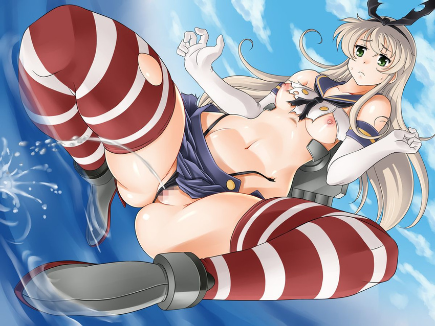 1girl :o anchor_hair_ornament bare_shoulders breasts crotch elbow_gloves female game_cg glamour_works gloves green_eyes hair_ornament hairband highleg highleg_panties highres kantai_collection long_hair mecha_musume midriff navel neckerchief nipples no_bra panties peeing rensouhou-chan sailor_collar sailor_dress shimakaze_(kantai_collection) shinkaisei-kan skindentation sky solo striped striped_legwear sweat thighhighs thong torn_clothes torn_thighhighs underboob underwear water white_gloves