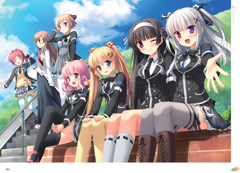 aisaka_sarina asasaka_meguri bell black_hair black_ribbon blonde_hair blue_eyes breasts brown_hair closed_eyes cloud day grey_legwear grey_skirt hair_ornament hair_ribbon hairband hand_in_hair heterochromia highres himemiya_yurika ikegami_akane imouto_no_okage_de_mote_sugite_yabai lace-trimmed_kneehighs large_breasts long_hair long_skirt medium_breasts mizunashi_miya multiple_girls one_eye_closed open_mouth outdoors pantyhose pink_hair pleated_skirt purple_eyes red_eyes red_ribbon ribbon scan school_uniform shiratori_kanae shirt short_hair silver_hair sitting skirt small_breasts smile striped striped_legwear thighhighs toshima_maina twintails two_side_up white_hairband white_legwear white_shirt yellow_ribbon yonaga_aoba zettai_ryouiki