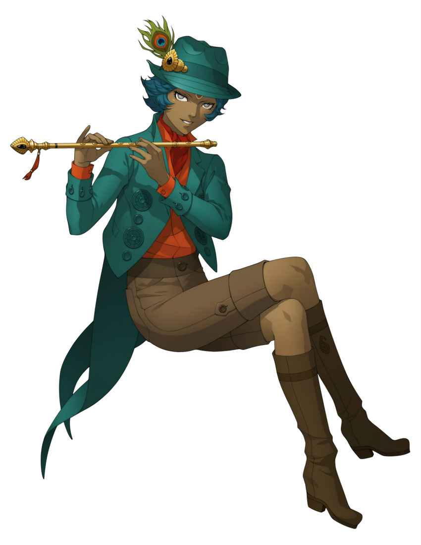 blue_hair commentary crossed_legs dark_skin dark_skinned_male doi_masayuki facial_mark feathers fedora flute forehead_mark grey_eyes grin hat highres instrument krishna_(shin_megami_tensei_iv_final) male_focus official_art shin_megami_tensei shin_megami_tensei_iv shin_megami_tensei_iv_final sitting smile solo tailcoat