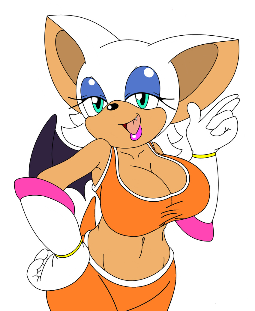 anthro armpits bat big_breasts blue_eyes bra breasts cleavage clothed clothing female gloves hair hi_res mammal michiyoshi midriff navel open_mouth rouge_the_bat simple_background smile solo sonic_(series) sports_bra underwear white_background white_hair wings