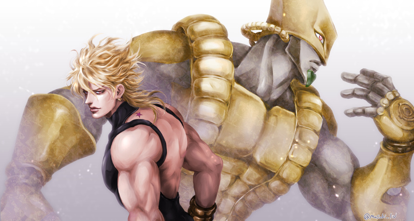 birthmark blonde_hair dio_brando earrings from_side halterneck jewelry joestar_birthmark jojo_no_kimyou_na_bouken male_focus muscle musubi_(livnehe) orange_eyes stand_(jojo) stardust_crusaders the_world twitter_username upper_body wrist_cuffs