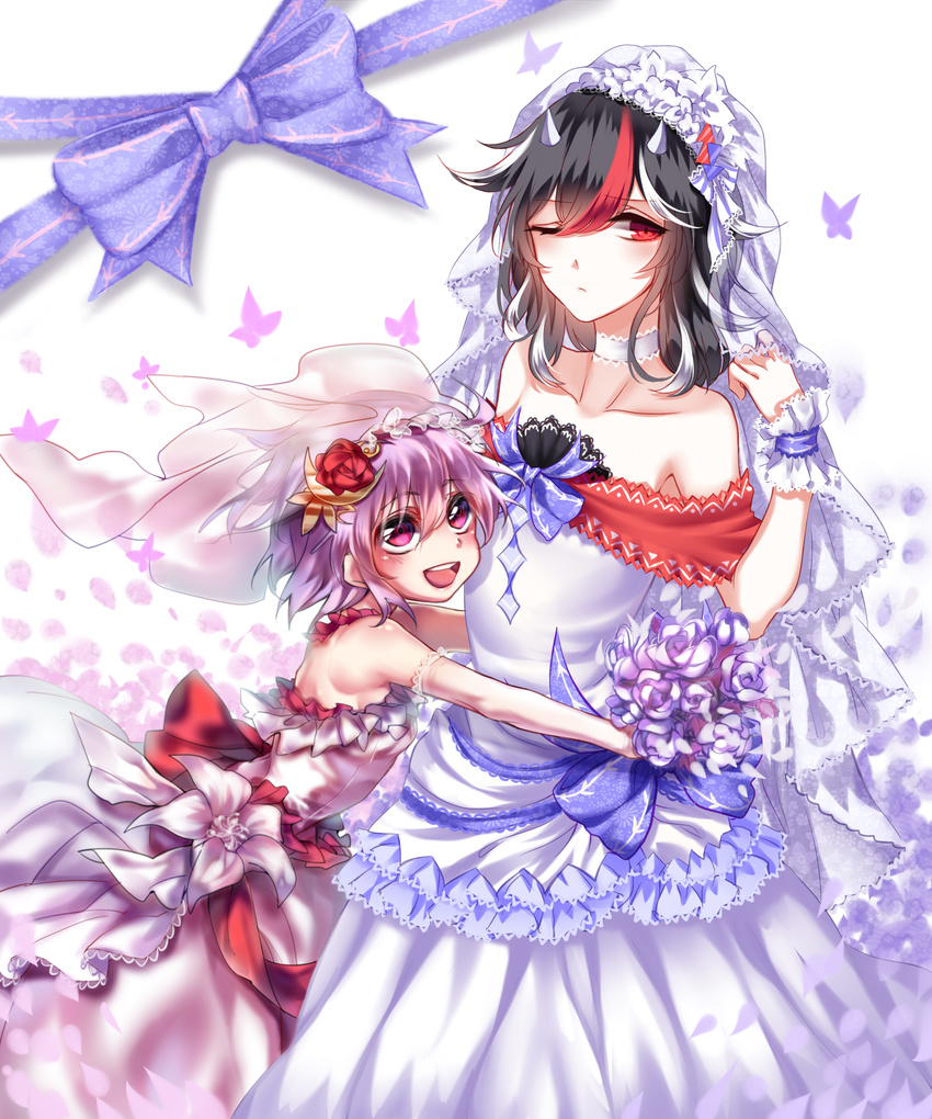 :d ;( absurdres alternate_costume bad_id bad_pixiv_id bare_shoulders black_hair blue_dress blue_wedding_dress blush bouquet bridal_veil chinese_commentary collaboration collarbone commentary_request crescent crescent_hair_ornament dress flower hair_flower hair_ornament height_difference highres horns hug kijin_seija lace mixed-language_commentary multicolored_hair multiple_girls off-shoulder_dress off_shoulder open_mouth partial_commentary pink_dress pink_wedding_dress purple_eyes purple_hair red_eyes red_flower red_hair red_rose rose sheya short_hair smile strapless strapless_dress streaked_hair sukuna_shinmyoumaru touhou veil wedding_dress white_dress white_hair wrist_cuffs yudaoshan