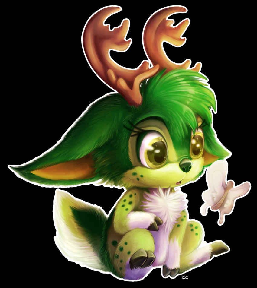 antlers arthropod big_eyes black_background butterfly cervine chest_tuft chibi chibity cloven_hooves clover_the_deer curious cute deer ears_down eyelashes female fur green_fur hi_res hooves horn insect mammal semi-anthro simple_background sitting solo tuft white_fur