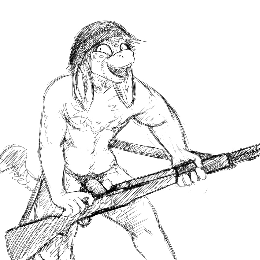anthro beanie black_and_white cum donkey equine gun hair hat hladilnik male mammal monochrome nude open_mouth penis ranged_weapon rifle smile weapon what