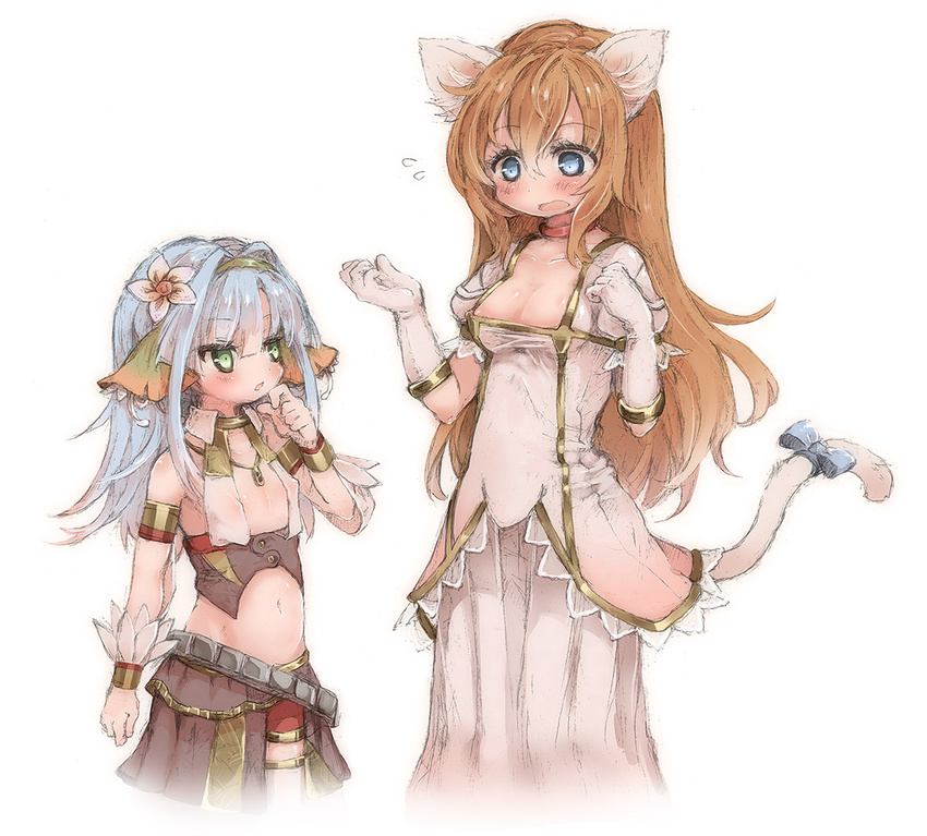 animal_ears armlet blue_eyes blue_hair blue_ribbon blush breasts brown_hair cat_ears cat_tail choker ciel_nosurge cleavage cosplay costume_switch eyebrows eyebrows_visible_through_hair flower flying_sweatdrops gloves green_eyes hair_between_eyes hair_flower hair_ornament ionasal_kkll_preciel kureudon long_hair looking_at_another medium_breasts multiple_girls navel open_mouth pleated_skirt puffy_short_sleeves puffy_sleeves ribbon sarly_planck shirt short_sleeves simple_background skirt small_breasts surge_concerto tail tail_ribbon white_background white_gloves white_shirt white_skirt