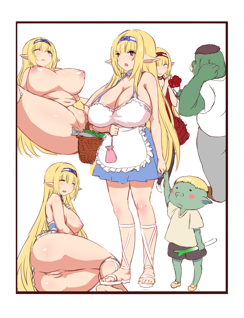 2boys absurdres anus ass basket blonde_hair blue_eyes bouquet breasts child cleavage closed_eyes elf flower hairband highres hu_sea huge_breasts inverted_nipples long_hair mother_and_son multiple_boys nipples one_eye_closed open_mouth orc pointy_ears pussy rose spread_legs spring_onion very_long_hair