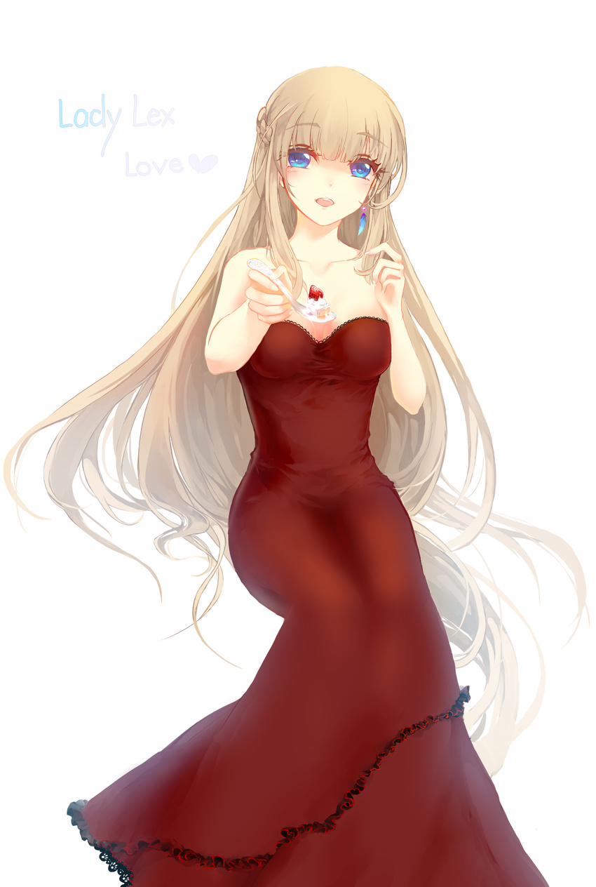 absurdres blonde_hair blue_eyes blush braid breasts cake character_name cleavage crown_braid dress earrings feather_earrings food frilled_dress frills fruit fujimori_(red1992) hair_twirling heart highres jewelry large_breasts lexington_(zhan_jian_shao_nyu) long_hair looking_at_viewer open_mouth red_dress sidelocks simple_background single_earring sitting slice_of_cake solo spoon strapless strapless_dress strawberry very_long_hair white_background zhan_jian_shao_nyu