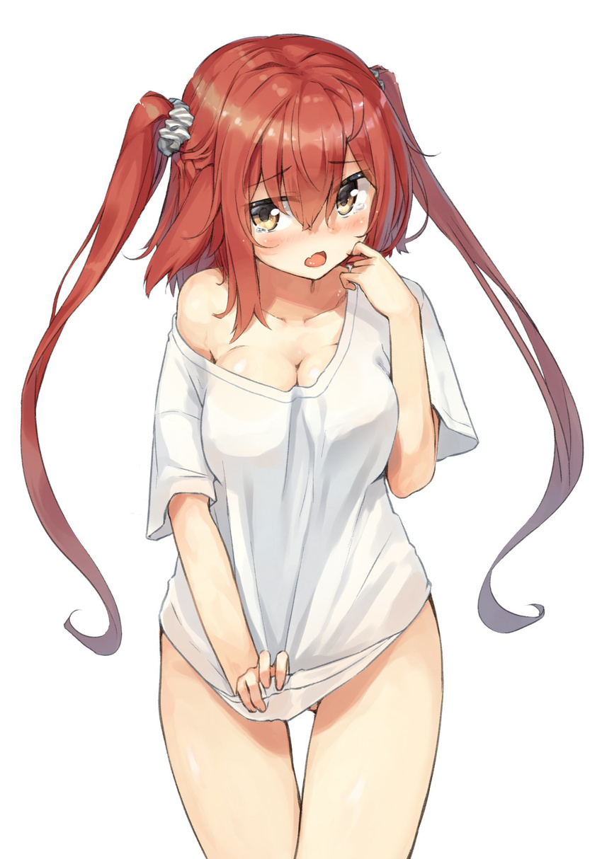 bare_shoulders blush breasts brown_eyes brown_hair cleavage fang highres large_breasts long_hair loose_clothes loose_shirt naked_shirt off_shoulder open_mouth original ruma_imaginary shirt shirt_tug simple_background solo tears twintails white_background white_shirt