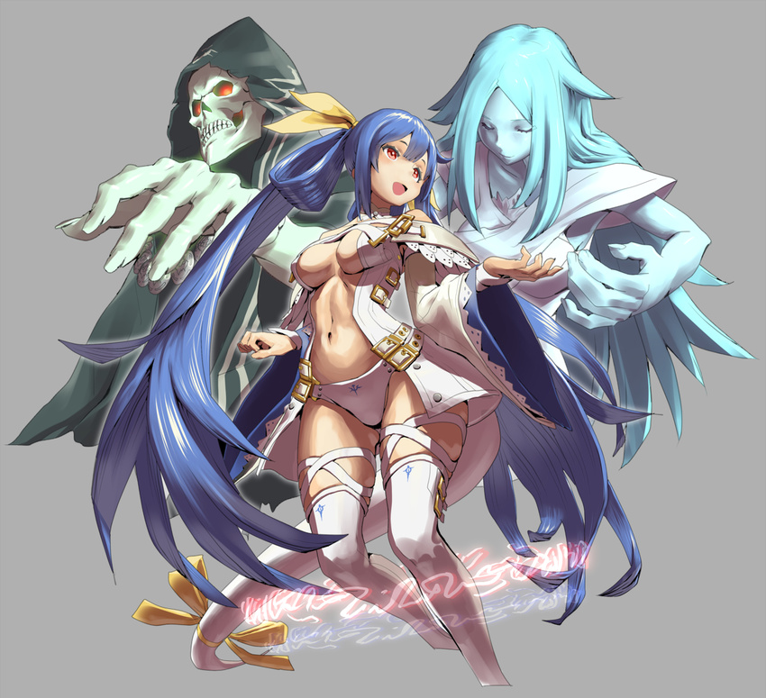 2girls :d alternate_color asymmetrical_wings blue_hair breasts center_opening detached_sleeves dizzy grey_background guilty_gear guilty_gear_xrd hair_ribbon large_breasts long_hair multiple_girls navel necro_(guilty_gear) open_mouth panties red_eyes ribbon simple_background skull smile tail tail_ribbon thighhighs underboob underwear undine_(guilty_gear) very_long_hair white_legwear white_panties wide_sleeves wings yellow_ribbon zaki_(narashigeo)