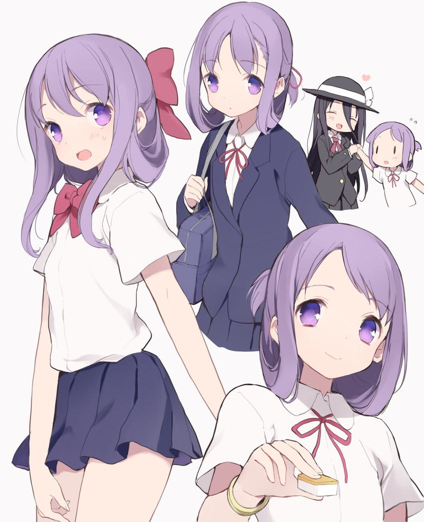 anetai_toyone bag blush bracelet commentary_request hair_ribbon handbag highres himematsu_school_uniform itsumi_(itumiyuo) jewelry long_hair looking_at_viewer mahjong mahjong_tile miyamori_school_uniform multiple_girls multiple_views open_mouth ponytail purple_eyes purple_hair red_ribbon ribbon saki school_uniform serafuku shadow simple_background skirt suehara_kyouko thighhighs white_background zettai_ryouiki