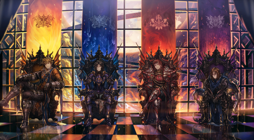 armor armored_boots backlighting black_hair blonde_hair boots brown_hair cape checkered checkered_floor closed_mouth cloud crossed_legs curtains dragon_wings electricity emblem fire full_body full_moon gauntlets granblue_fantasy hair_between_eyes hair_slicked_back hands_on_own_thighs highres indoors knight lancelot_(granblue_fantasy) light_particles long_sleeves looking_at_viewer male_focus md5_mismatch moon multiple_boys outstretched_arm pauldrons percival_(granblue_fantasy) red_eyes red_hair reflection sash shigaraki_(strobe_blue) siegfried_(granblue_fantasy) sitting sky smile spikes throne vane_(granblue_fantasy) water window wings