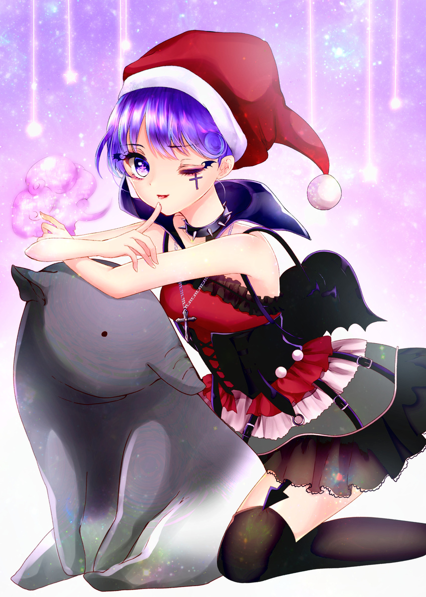 1girl ;p absurdres animal bad_id bad_pixiv_id baku_(creature) bangs black_legwear breasts choker cloud corset cross cross-laced_clothes cross_necklace directional_arrow doremy_sweet dress eyebrows eyebrows_visible_through_hair eyelashes facial_tattoo finger_to_mouth frills garter_straps hat highres jewelry kneeling light_particles looking_at_viewer necklace nightcap one_eye_closed pom_pom_(clothes) purple_background purple_eyes purple_hair red_lips shanghai_bisu short_dress short_hair sleeveless sleeveless_dress small_breasts spiked_choker spikes tail tapir tattoo thighhighs tongue tongue_out touhou wing_print