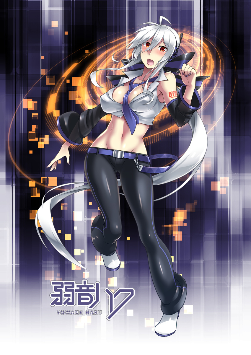 ahoge belt blush breasts caffein cleavage detached_sleeves groin highres huge_breasts long_hair midriff nail_polish navel necktie open_mouth pants ponytail red_eyes silver_hair solo standing standing_on_one_leg vocaloid voyakiloid yowane_haku