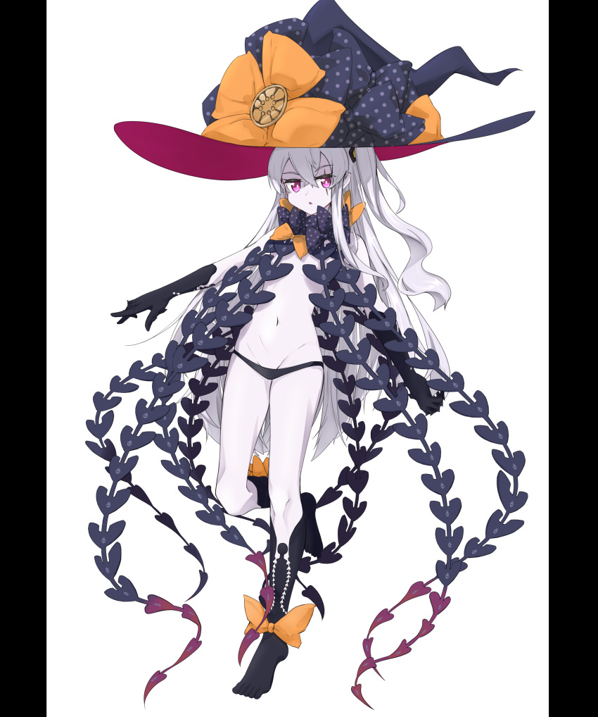 1girl abigail_williams_(fate/grand_order) abigail_williams_(fate/grand_order)_(cosplay) absurdres bangs black_bow black_gloves black_hat black_legwear black_panties blush bow cosplay elbow_gloves eyebrows_visible_through_hair fate/grand_order fate_(series) girls_frontline gloves groin hair_between_eyes hair_ornament hat highres kaiven kneehighs long_hair looking_at_viewer navel one_side_up orange_bow pale_skin panties parted_lips pillarboxed polka_dot polka_dot_bow purple_eyes revealing_clothes scar scar_across_eye silver_hair skull_print solo topless ump45_(girls_frontline) underwear very_long_hair white_background witch_hat