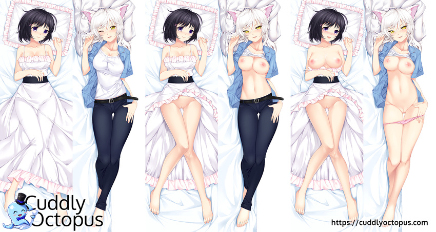 animal_ears bare_legs bare_shoulders belt black_hair black_hanekawa breasts cat_ears cleavage dakimakura denim dress dual_persona hanekawa_tsubasa highres jeans large_breasts legs monogatari_(series) multiple_girls multiple_views navel nipples open_mouth panties pants purple_eyes pussy pussy_juice ribbon_trim short_hair slit_pupils smile sunshine_(5010127) thigh_gap underwear watermark white_dress white_hair yellow_eyes