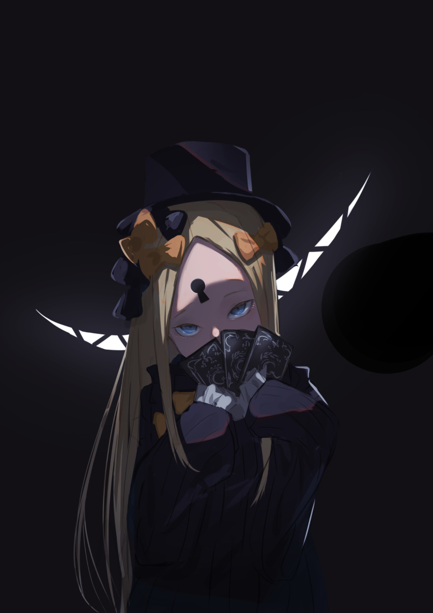 1girl abigail_williams_(fate/grand_order) bangs black_bow black_dress black_hat blonde_hair blue_eyes bow card commentary_request covered_mouth dress fate/grand_order fate_(series) hair_bow hands_up hat head_tilt highres holding holding_card keyhole kuronoiparoma long_hair long_sleeves orange_bow parted_bangs sharp_teeth sleeves_past_fingers sleeves_past_wrists solo teeth very_long_hair