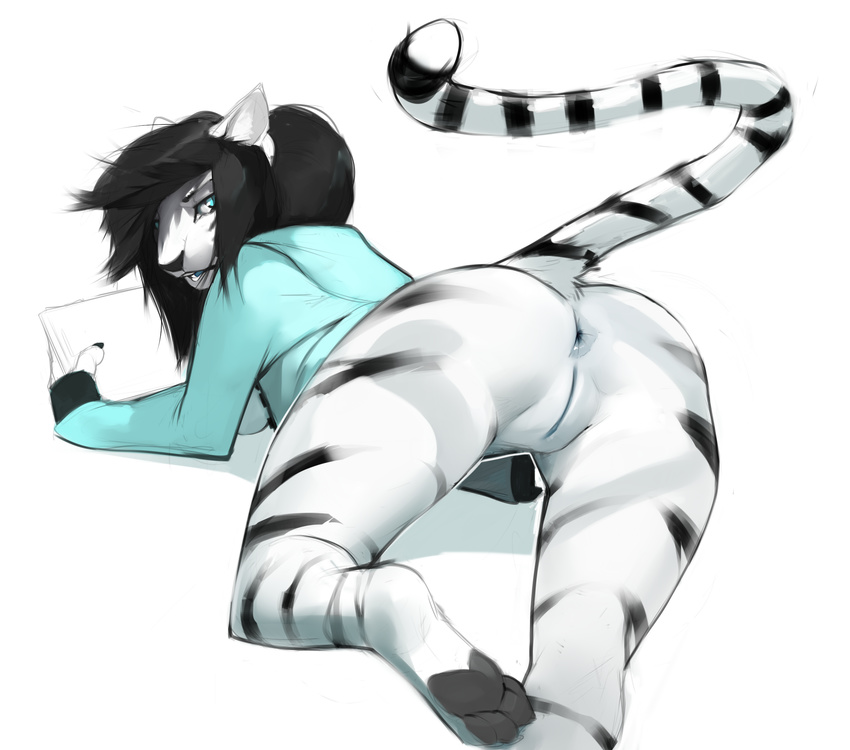 2016 all_fours anthro anus ass_up black_fur black_hair bottomless butt clothed clothing feline female fur hair looking_at_viewer lost-paw mammal presenting presenting_hindquarters pussy raised_tail solo stripes tiger white_fur