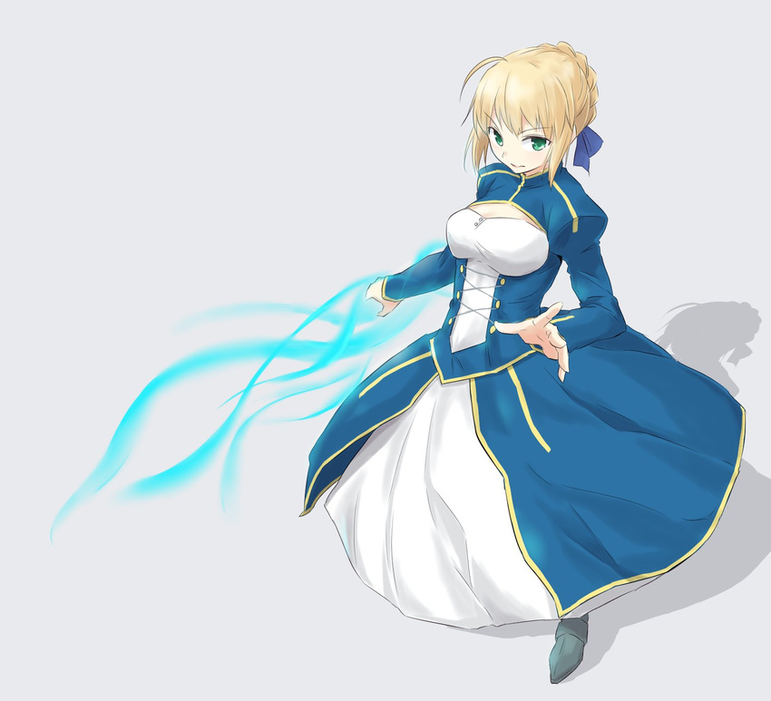 ahoge artoria_pendragon_(all) blonde_hair blouse blue_skirt bow braid breasts closed_mouth commentary_request dress fate/stay_night fate/zero fate_(series) french_braid green_eyes grey_background hair_bow highres invisible_air kodera_ju looking_at_viewer magic medium_breasts saber simple_background skirt solo white_blouse