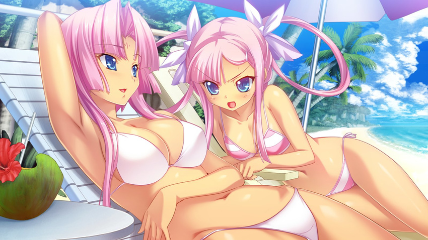 arm_behind_head arm_up armpits beach bikini blue_eyes breasts chair cleavage coconut day flower fruit_cup game_cg hair_ornament hairclip hibiscus highres hikage_eiji jpeg_artifacts koihime_musou long_hair lying multiple_girls navel ocean official_art on_back on_side open_mouth outdoors palm_tree pink_hair ribbon siblings side-tie_bikini sisters small_breasts smile sonken sonshoukou striped striped_bikini sunbathing swimsuit tree twintails umbrella very_long_hair water white_bikini
