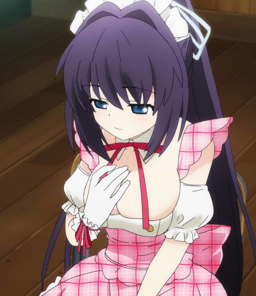 blue_eyes breasts cleavage highres konohana_lucia maid ponytail purple_hair rewrite screencap solo