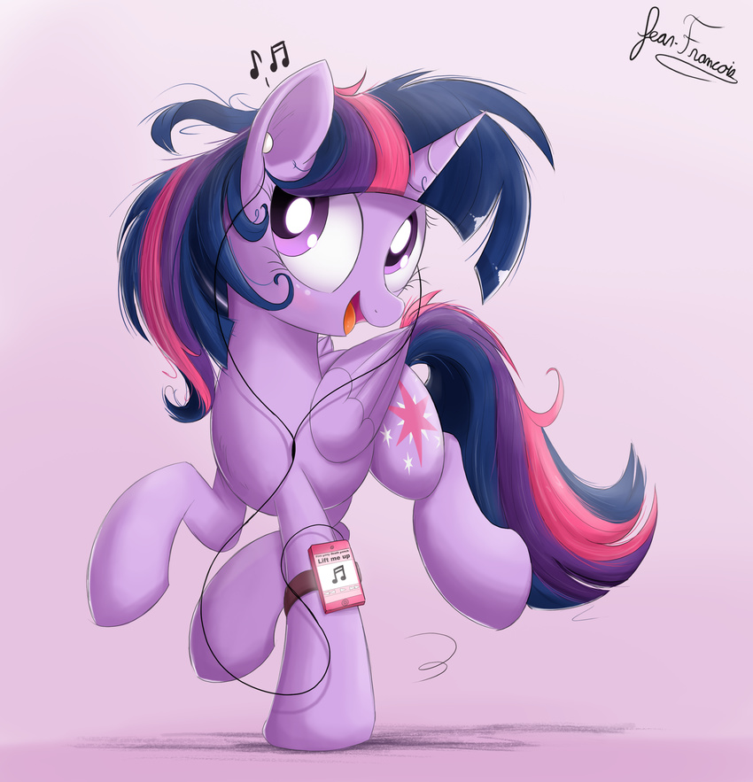 bugplayer cutie_mark equine eyelashes feathered_wings feathers female feral friendship_is_magic headphones hi_res hooves horn mammal music_player musical_note my_little_pony open_mouth orange_tongue purple_eyes sharp_horn simple_background solo standing tongue twilight_sparkle_(mlp) winged_unicorn wings