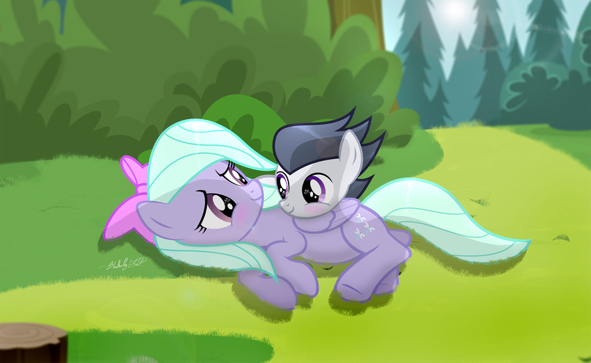 2016 absurd_res black_hair blush bush cutie_mark duo equine eye_contact feathered_wings feathers female feral flitter_(mlp) friendship_is_magic fur grass grey_fur hair hair_bow hair_ribbon hi_res horse hug lying male mammal my_little_pony nature on_side outside pegasus pony purple_eyes purple_feathers purple_fur ribbons rumble_(mlp) shutterflyeqd sky tree wings