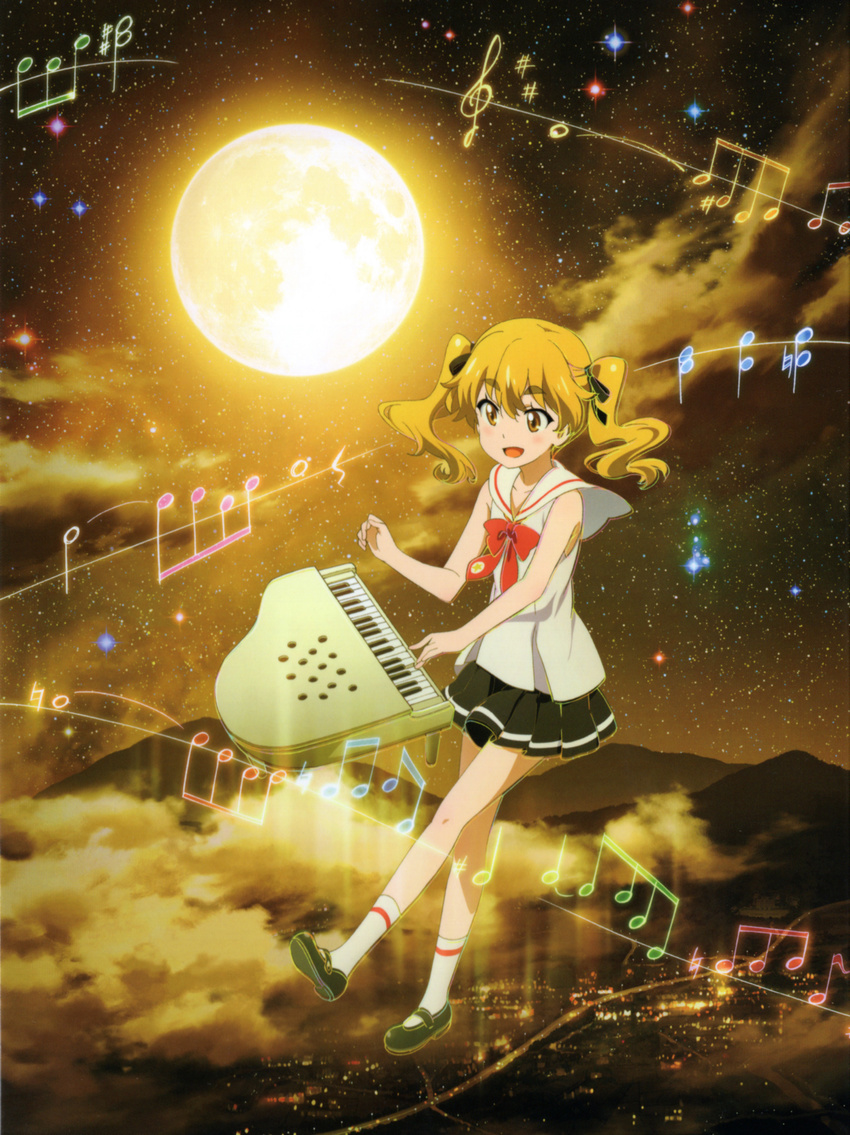 :d absurdres artist_request black_footwear black_skirt blonde_hair blush bow bowtie cloud cloudy_sky eyebrows eyebrows_visible_through_hair floating floating_object full_body full_moon highres hikaru_(houkago_no_pleiades) houkago_no_pleiades instrument long_hair mary_janes miniskirt moon musical_note night night_sky official_art open_mouth outdoors piano pleated_skirt red_neckwear sailor_collar scan scenery shirt shoes skirt sky sleeveless sleeveless_shirt smile socks solo star_(sky) starry_sky thick_eyebrows twintails white_legwear white_sailor_collar yellow yellow_eyes yellow_moon