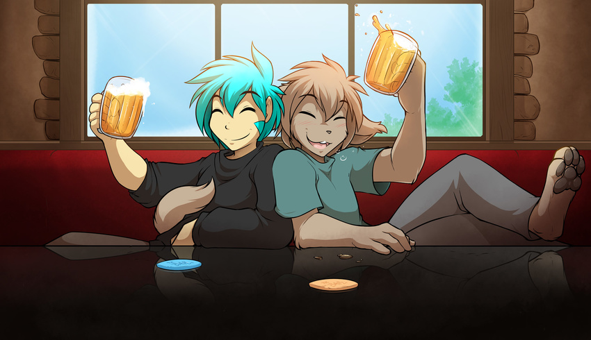 alcohol anthro basitin beer beverage blue_hair blush brown_fur clothed clothing digitigrade drunk duo eyes_closed feet fur glass hair human keith_keiser legs_up male mammal open_mouth pawpads smile tail_hug tom_fischbach tongue trace_legacy twokinds window
