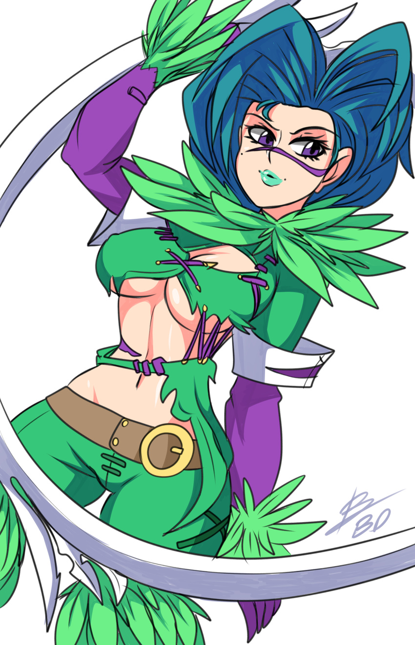 bad_id bad_tumblr_id big_hair bigdead93 blue_hair breasts chakram facial_tattoo green_lipstick highres huge_weapon large_breasts lipstick makeup mole mole_under_eye mole_under_mouth purple_eyes revealing_clothes solo soulcalibur soulcalibur_iii tattoo tira_(soulcalibur) underboob weapon