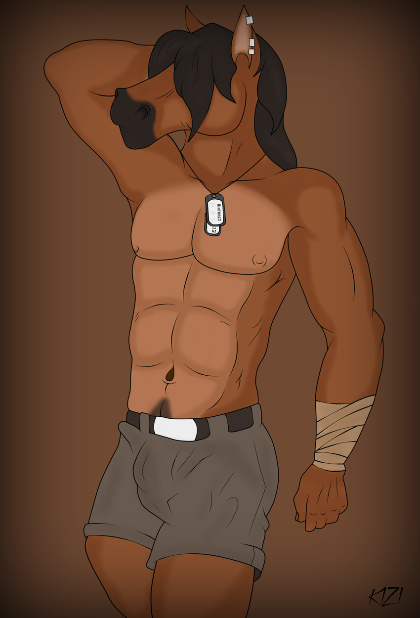 abs absurd_res anthro armpits clothing digital_media_(artwork) equine hands_behind_head hi_res horse kizion_ksharr male mammal muscular nipples piercing shorts solo