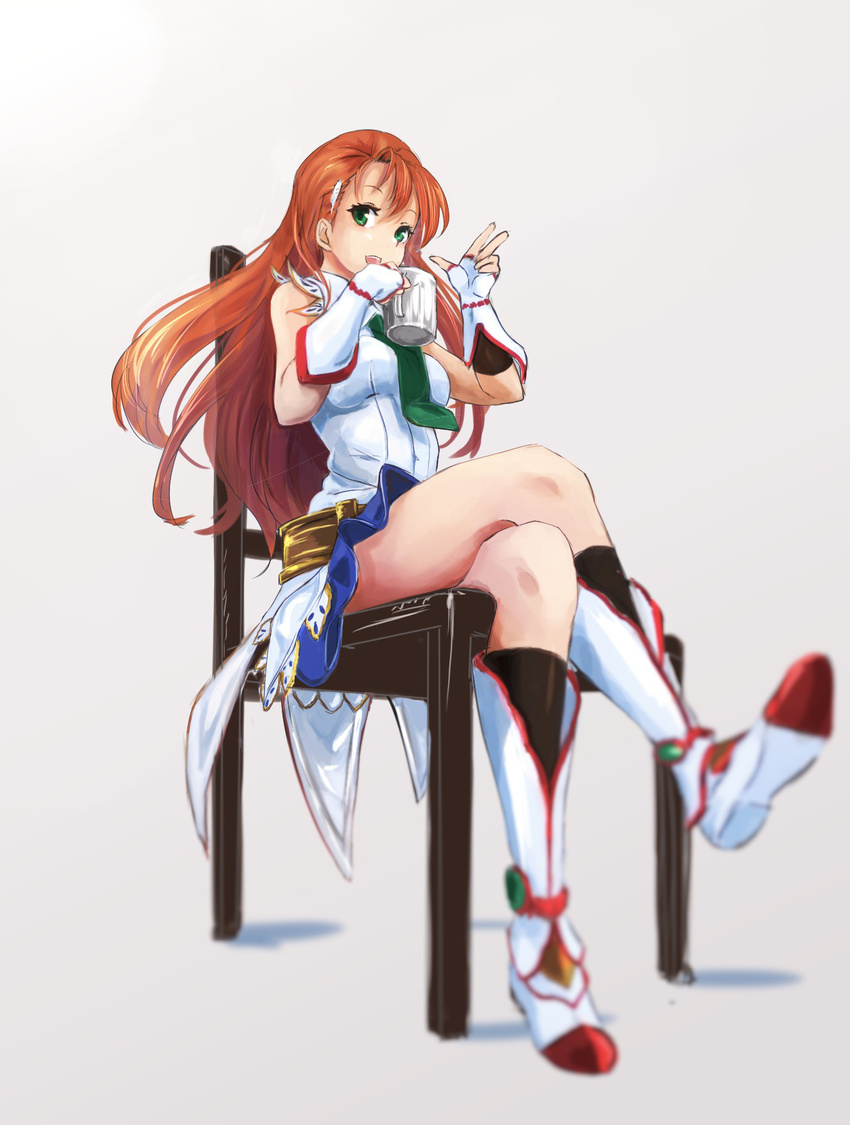 :d black_legwear boots chair cliana_rimskaya commentary_request crossed_legs cup dress fingerless_gloves full_body gloves green_eyes green_neckwear highres holding holding_cup homo_1121 long_hair looking_at_viewer mug necktie open_mouth orange_hair sitting sleeveless sleeveless_dress smile socks solo super_robot_wars white_dress white_footwear white_gloves