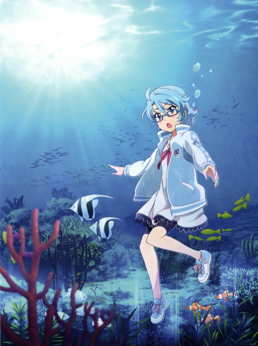 absurdres air_bubble aoi_(houkago_no_pleiades) bike_shorts blue_eyes blue_hair bubble coral dress fish glasses highres houkago_no_pleiades jacket official_art open_track_jacket sailor_dress short_hair solo sunlight track_jacket underwater