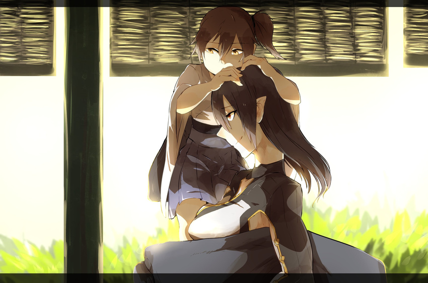 black_hair blinds breasts brown_hair carrying_over_shoulder commentary_request futon grass highres japanese_clothes kaga_(kantai_collection) kantai_collection large_breasts long_hair long_sleeves multiple_girls nagato_(kantai_collection) shaded_face side_ponytail smile straight_hair takatsuki_nato wide_sleeves younger