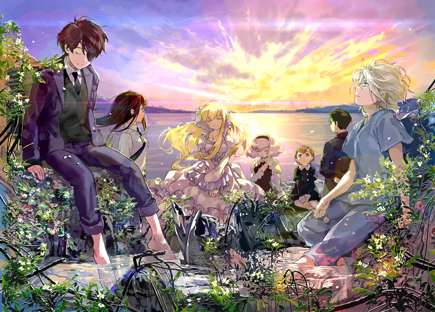 4girls aldnoah.zero asseylum_vers_allusia bad_id bad_pixiv_id blonde_hair brown_hair eddelrittuo formal harklight ichinose777 kaizuka_inaho kaizuka_yuki lemrina_vers_envers long_hair multiple_boys multiple_girls necktie ocean overgrown purple_hair short_hair sky slaine_troyard smile suit water