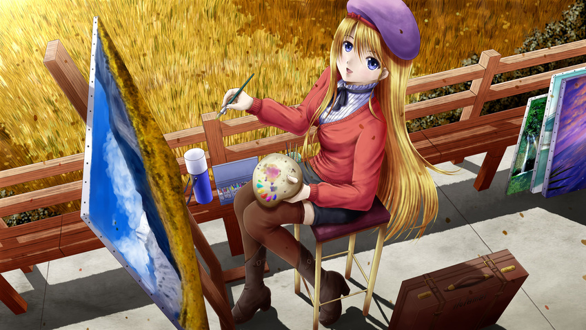 :d beret black_ribbon black_skirt blonde_hair blue_eyes boots breasts brown_footwear brown_legwear canvas_(object) chair fence field full_body hat highres holding ilolamai knee_boots long_sleeves looking_at_viewer looking_up medium_breasts open_mouth original paintbrush painting painting_(object) palette purple_hat ribbon shadow shirt sitting skirt smile solo striped striped_shirt suitcase sunlight thighhighs vertical-striped_shirt vertical_stripes wheat_field zettai_ryouiki