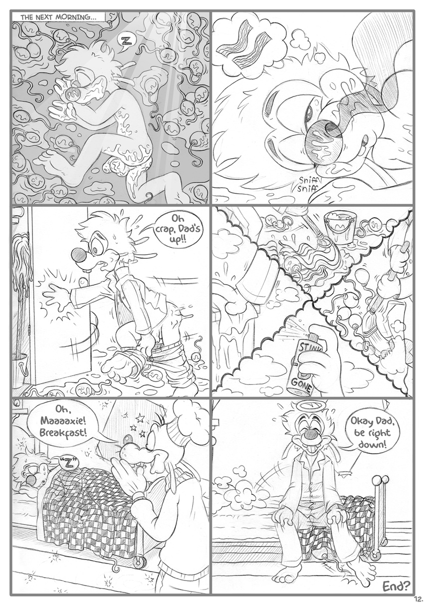 anthro balls brainsister buckteeth butt canine cleaning clothing comic cum cum_everywhere disney dog english_text eyes_closed father father_and_son flaccid giant_sperm goof_troop goofy_(disney) halo humanoid_penis mammal max_goof messy monochrome nude pajamas panicking parent penis sleeping son speech_bubble sweat teeth text thought_bubble uncut waking_up young