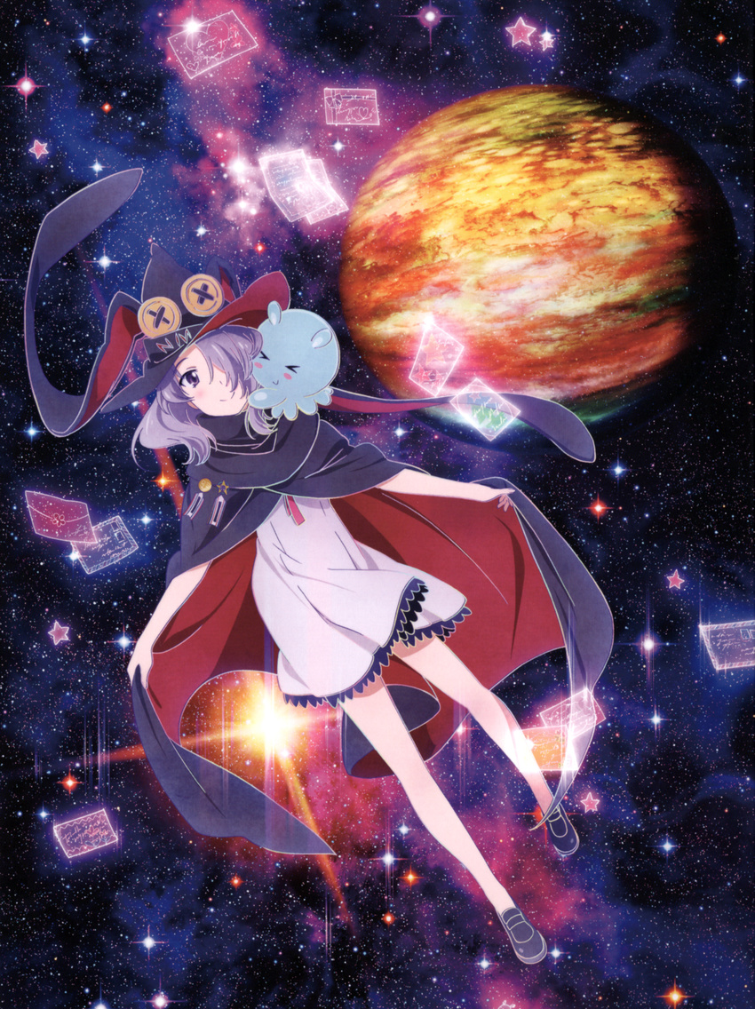 absurdres cloak hair_over_one_eye hat highres houkago_no_pleiades long_hair nanako_(houkago_no_pleiades) official_art planet pleiadean purple_eyes purple_hair smile space star_(sky)