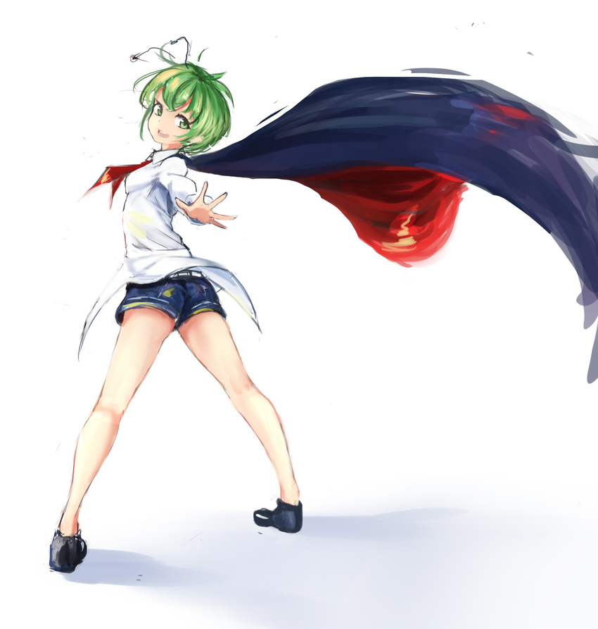 :d antennae black_cape black_footwear breasts cape collared_shirt commentary_request foreshortening full_body green_eyes green_hair highres homo_1121 long_sleeves looking_at_viewer neck_ribbon open_mouth red_ribbon ribbon shirt shoes short_hair short_shorts shorts small_breasts smile solo touhou white_shirt wriggle_nightbug