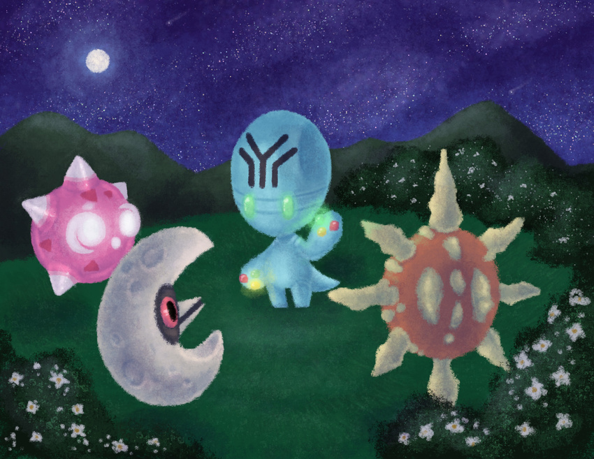 elgyem fuzziestdrawings gen_3_pokemon gen_5_pokemon gen_7_pokemon highres lunatone minior moon night night_sky no_humans non-web_source pokemon pokemon_(creature) sky solrock