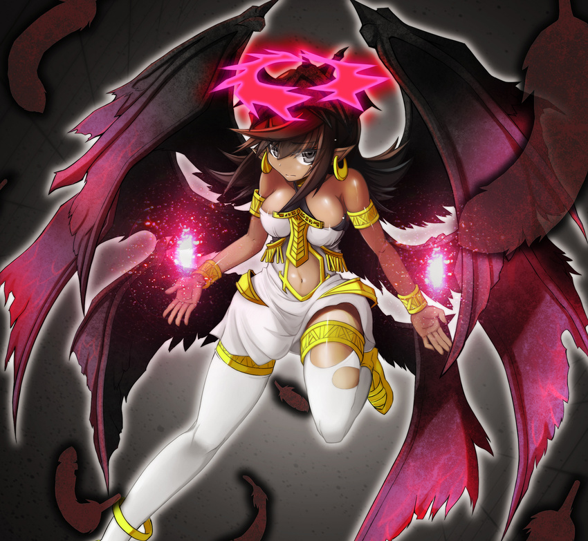 alternate_color bare_shoulders black_hair breasts dark_skin darklord_ixchel demon_wings duel_monster earrings green_eyes halo hat highres jewelry large_breasts looking_at_viewer looking_up midriff navel pointy_ears solo spirit-edge white_legwear wings yuu-gi-ou