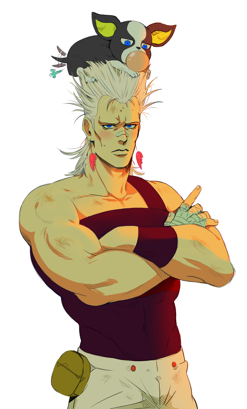 absurdres animal animal_on_head bandaged_hands bandages bandaid bandaid_on_nose blue_eyes crossed_arms dirty dog fart food frown fruit highres iggy_(jojo) index_finger_raised jean_pierre_polnareff jojo_no_kimyou_na_bouken male_focus muscle on_head orange pouch sweat tail_wagging tariah_furlow white_hair