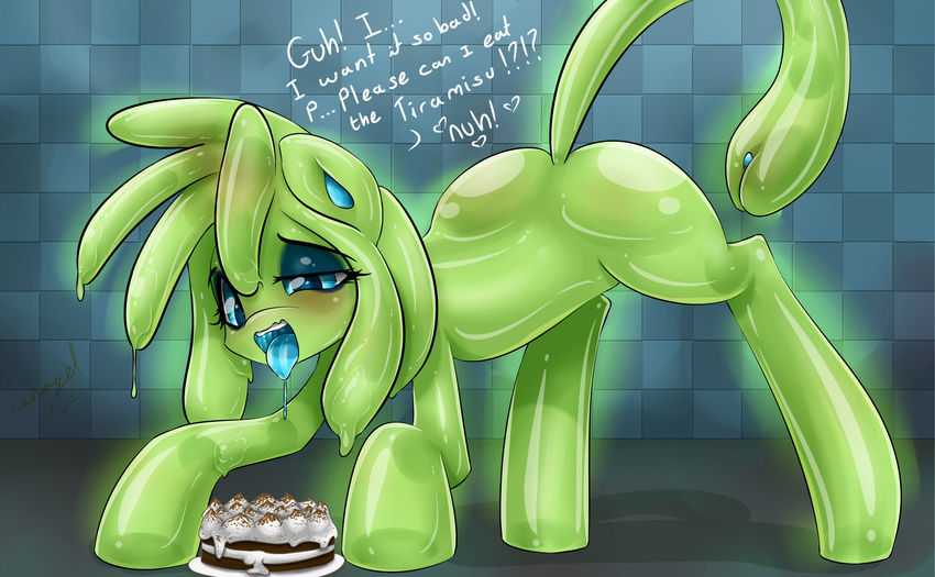 2016 cake cute digital_media_(artwork) equine eyeshadow food goo horse makeup mammal midori_gel my_little_pony nana_gel open_mouth pony shiny simple_background slime solo tail_vagina text tiramisu