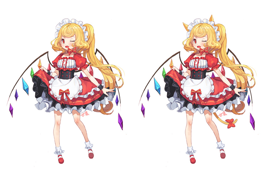 ;d alternate_costume animal_ears apron blonde_hair bobby_socks bow cat_ears cat_tail choker corset crystal dress fang flandre_scarlet kemonomimi_mode long_hair looking_at_viewer maid maid_headdress mio-muo1206 one_eye_closed open_mouth petticoat puffy_short_sleeves puffy_sleeves red_eyes short_sleeves side_ponytail simple_background skirt_hold smile socks solo tail tail_bow touhou white_background white_legwear wings wrist_cuffs