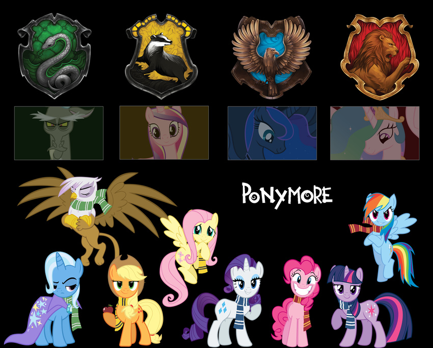 applejack_(mlp) avian beak blonde_hair blue_eyes blue_feathers blue_fur blue_hair brown_feathers crossover cutie_mark discord_(mlp) draconequus earth_pony equine feathered_wings feathers female feral fluttershy_(mlp) friendship_is_magic fur gilda_(mlp) green_eyes group gryffindor gryphon hair harry_potter hat hogwarts horn horse hufflepuff human long_hair looking_at_viewer male mammal multicolored_hair my_little_pony pegasus pink_hair pinkie_pie_(mlp) pony princess_cadance_(mlp) princess_celestia_(mlp) princess_luna_(mlp) purple_eyes purple_fur purple_hair rainbow_dash_(mlp) rainbow_hair rarity_(mlp) ravenclaw reina-kitsune_(artist) scarf slytherin smile trixie_(mlp) twilight_sparkle_(mlp) unicorn white_feathers winged_unicorn wings