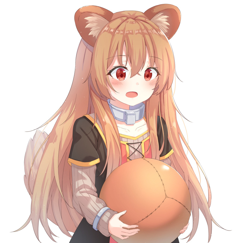 1girl :o absurdres animal_ear_fluff animal_ears ball bangs blush brown_hair collar collarbone dress eyebrows_visible_through_hair hair_between_eyes happy highres holding holding_ball long_hair long_sleeves looking_at_viewer open_mouth raccoon_ears raccoon_girl raccoon_tail raphtalia red_eyes simple_background sleeves_past_wrists solo tail tate_no_yuusha_no_nariagari upper_body white_background xue_lu