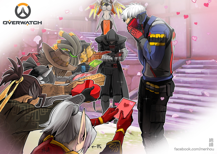 6+boys arm_tattoo artist_self-insert asymmetrical_clothes bandolier blizzard_(company) blonde_hair blood_elf blush bowing box breasts brown_hair camera commentary_request company_connection cowboy_hat cyborg danshi_koukou_valentine dark_skin dragon_tattoo father's_day fiery_hair fingerless_gloves genji_(overwatch) gift gift_box giving gloves grey_hair hairlocs hands_on_own_face hanzo_(overwatch) hat heart hood jacket japanese_clothes junkrat_(overwatch) kimono large_breasts lucio_(overwatch) mask mccree_(overwatch) mechanical_arm mechanical_wings menhou mercy_(overwatch) multiple_boys odd_one_out overwatch pantyhose parody pointy_ears poncho ponytail reaper_(overwatch) scar short_hair soldier:_76_(overwatch) tattoo tire trench_coat visor warcraft watermark web_address white_hair wings world_of_warcraft