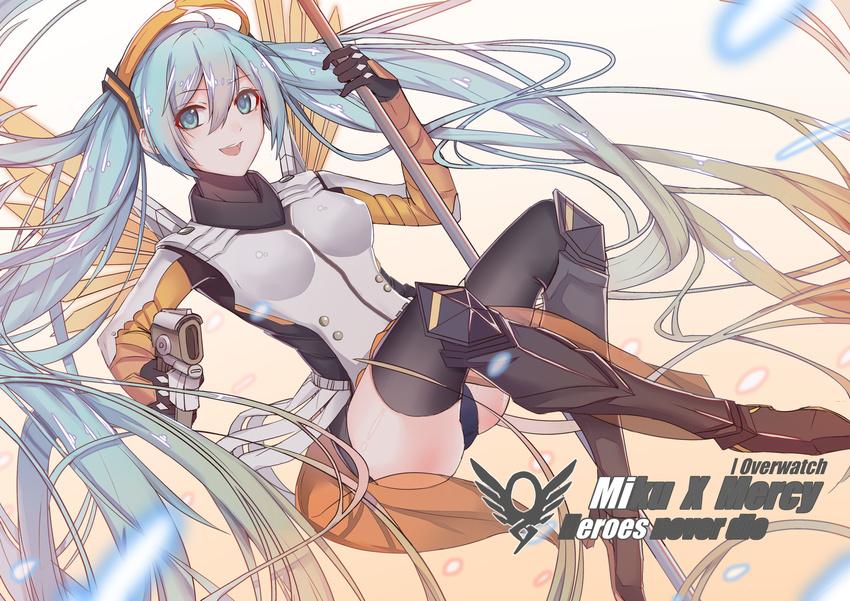 absurdly_long_hair absurdres aiming_at_viewer aqua_eyes aqua_hair black_footwear black_legwear black_panties boots breasts brown_background character_name copyright_name cosplay crossed_legs dutch_angle emblem floating_hair gloves gradient gradient_background gun handgun hatsune_miku highres holding holding_gun holding_staff holding_weapon knee_boots long_hair looking_at_viewer md5_mismatch mechanical_halo mechanical_wings medium_breasts mercy_(overwatch) mercy_(overwatch)_(cosplay) open_mouth overwatch panties pantyshot pistol smile solo sora_(zwz030) staff thighhighs twintails underwear very_long_hair vocaloid weapon wings