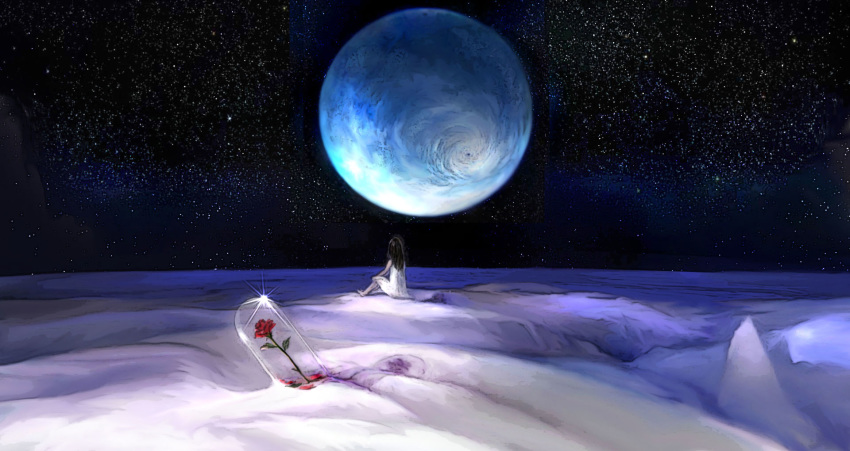 00 1girl barefoot black_hair blurry commentary dark dress earth flower highres long_hair moon original rose scenery sitting solo space star_(sky) tube white_dress