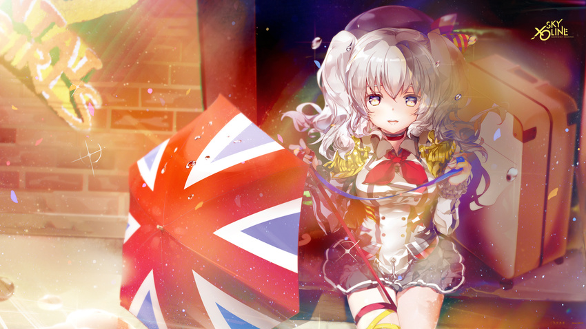 :d bangs beret black_hat blue_eyes blue_ribbon blurry breasts brick_wall buttons cowboy_shot depth_of_field double-breasted epaulettes flag_print frilled_sleeves frills from_above gloves hair_ornament hat heco_(mama) highres holding jacket kantai_collection kashima_(kantai_collection) leg_ribbon light_particles long_sleeves looking_at_viewer medium_breasts miniskirt open_mouth pleated_skirt print_umbrella ribbon shade sidelocks silver_hair sitting skirt smile solo striped suitcase thigh_strap twintails umbrella union_jack wavy_hair